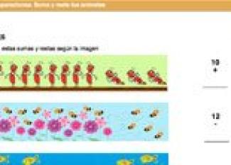 Suma y resta los animales. Ficha escolar de matemáticas