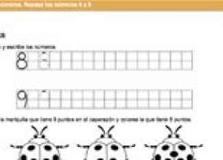 Ficha escolar de matemáticas. Los números 8 y 9