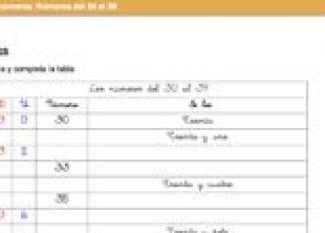 Ficha para repasar los números del 30 al 39 con los niños