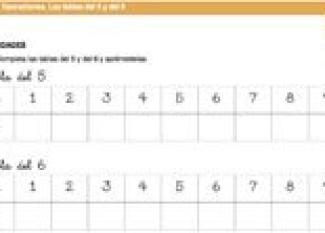 Tabla de multiplicar del 5 y el 6. Ficha escolar de matemáticas