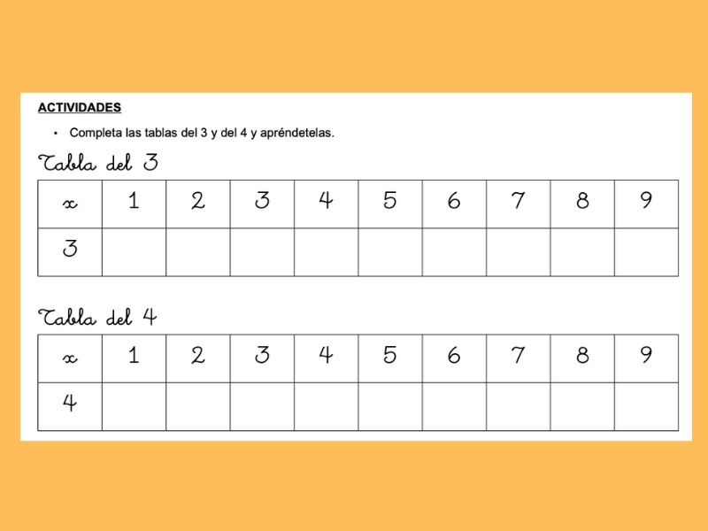 Ficha escolar para niños. Las tablas de multiplicar del 3 y el 4