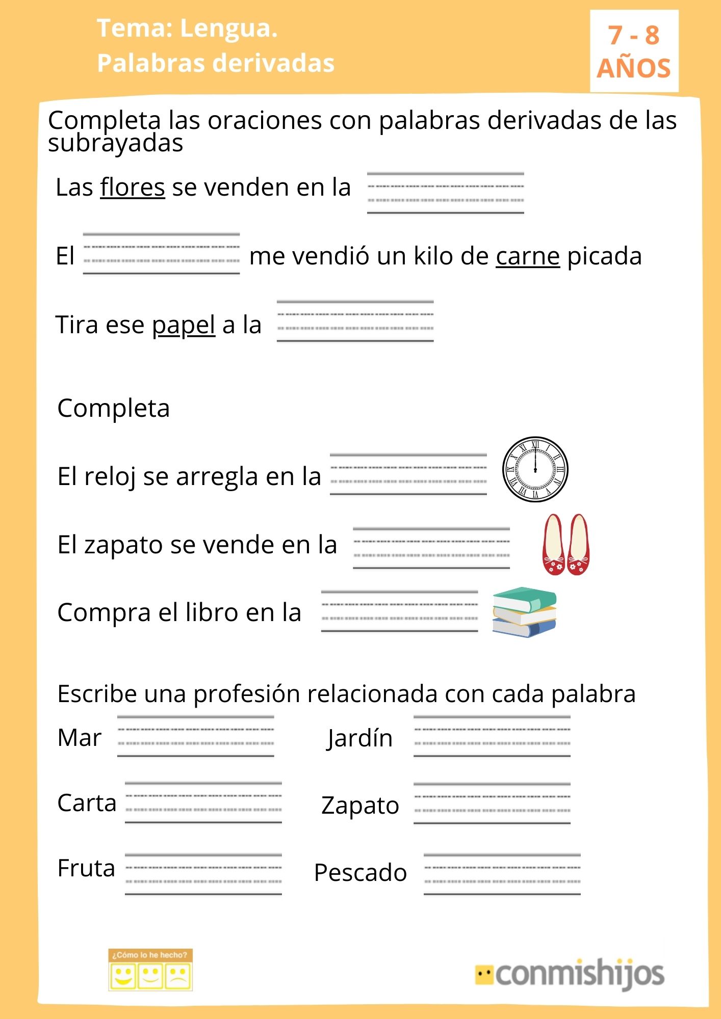 Palabras derivadas, ejercicio para niños