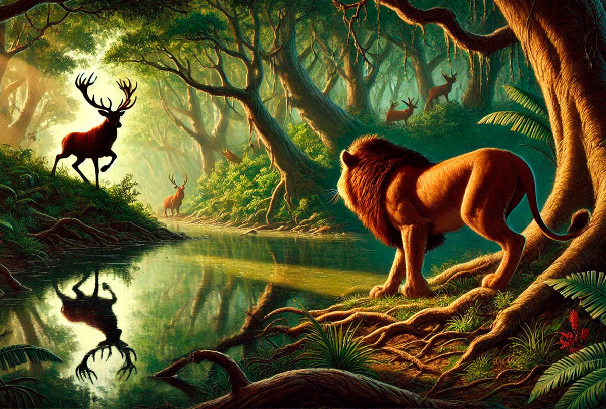 fábula del Ciervo, el león y el manantial