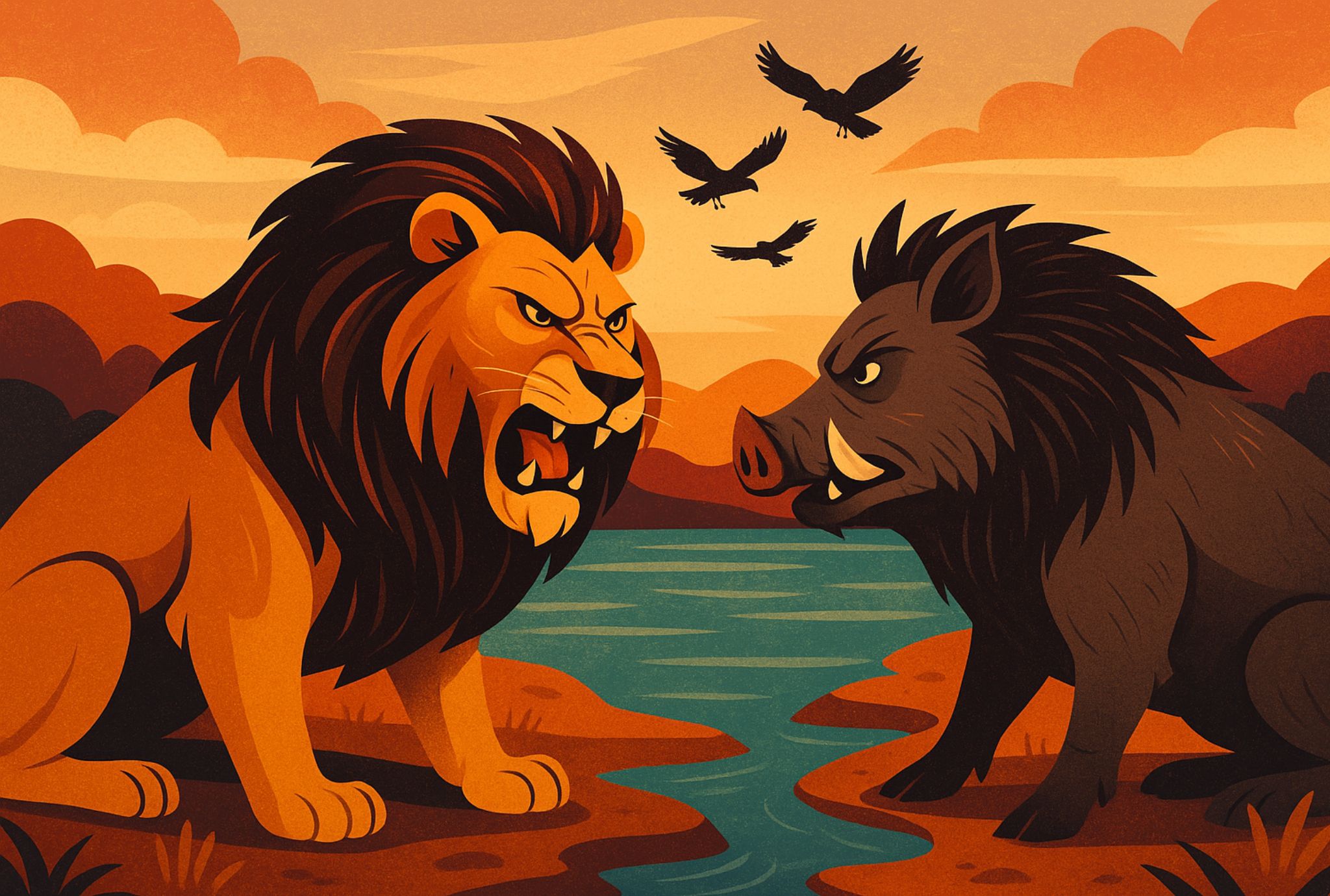 Fábula de Esopo para niños: El león y el jabalí