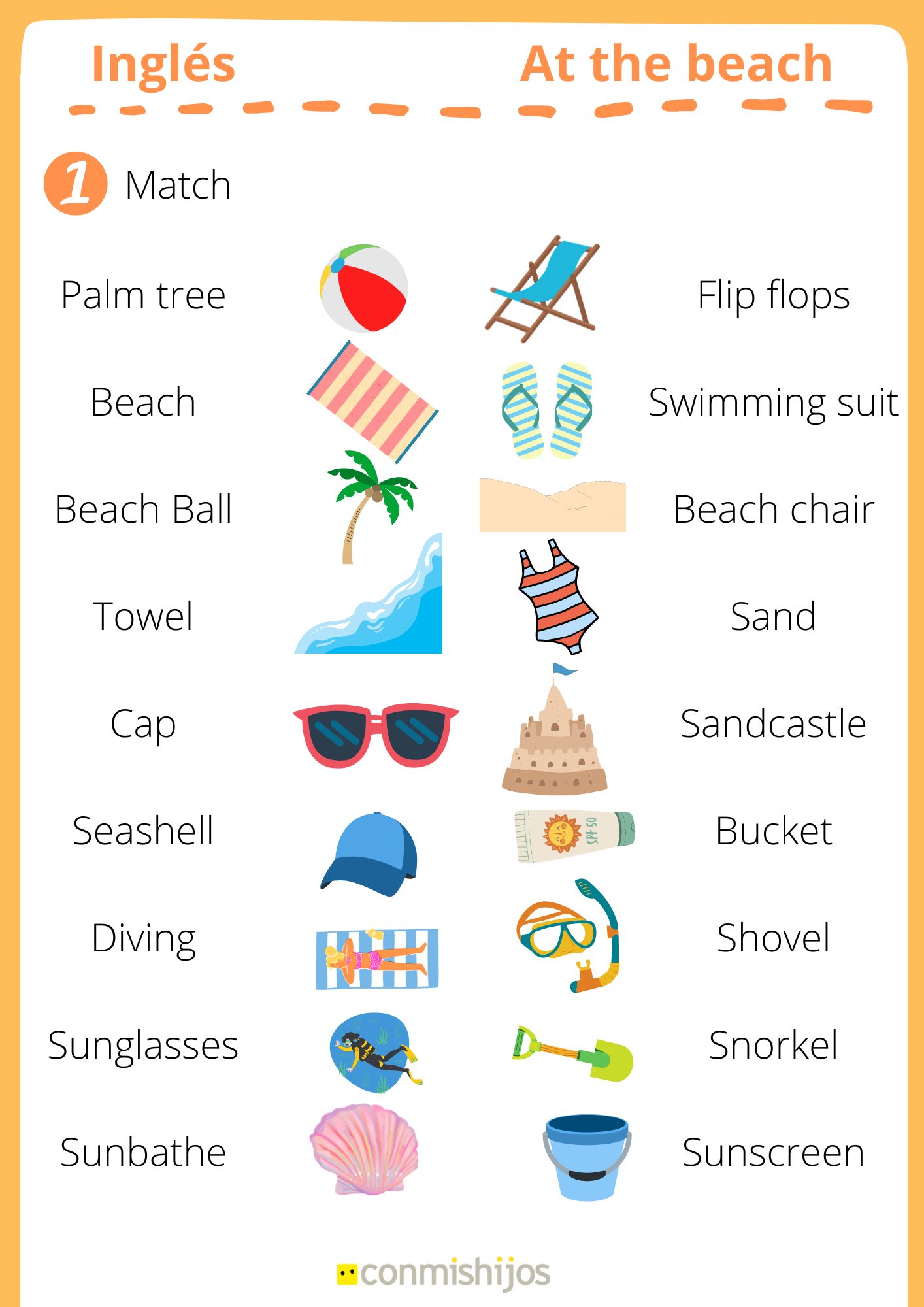 At the beach: ficha en inglés para niños