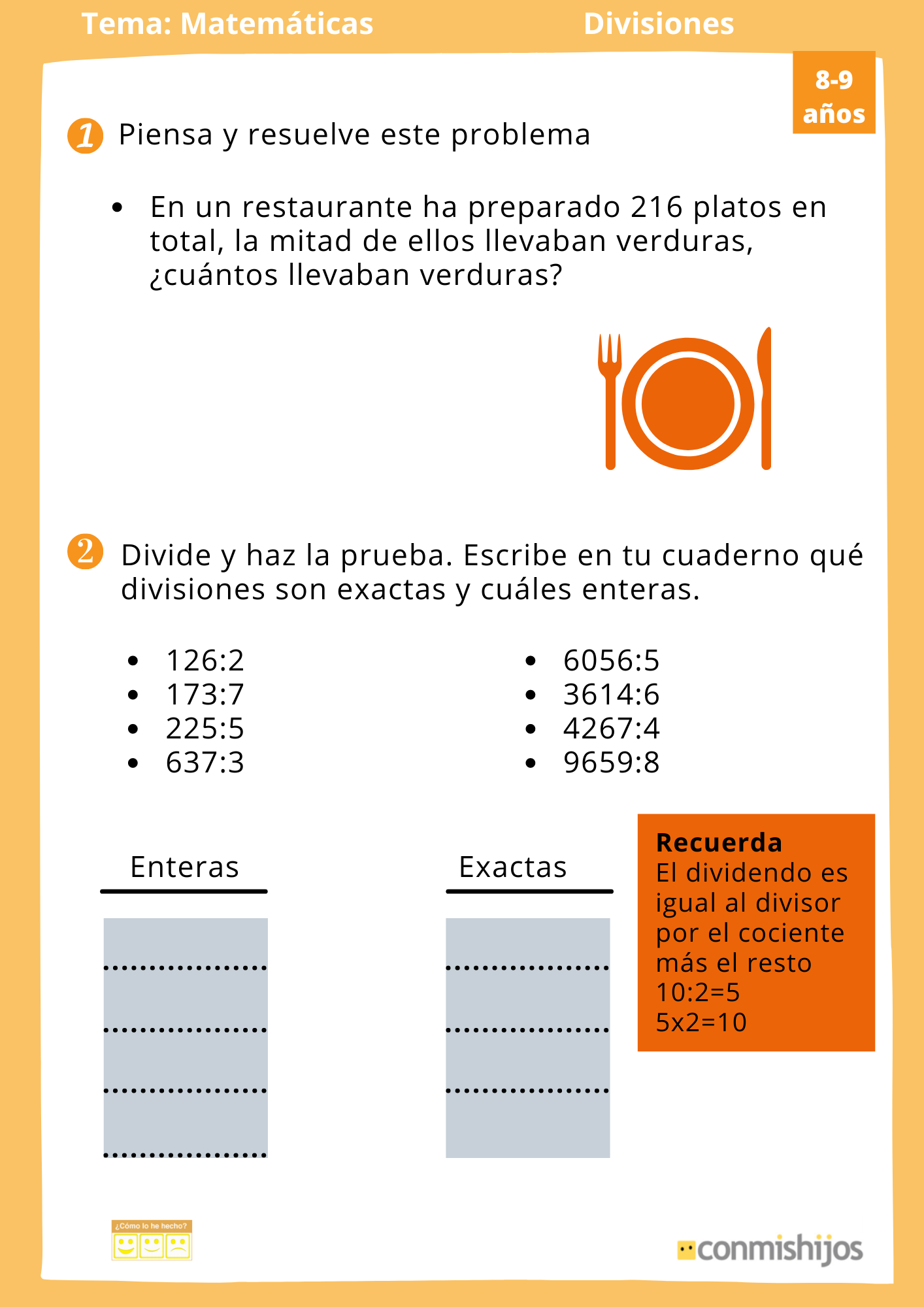 Divisiones. Ejercicio de matemáticas para 3º de Primaria