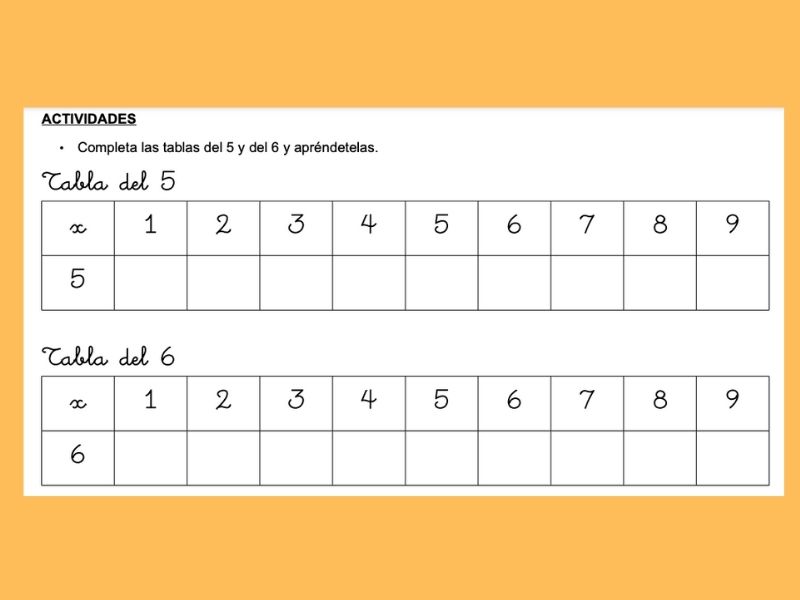 Tabla de multiplicar del 5 y el 6. Ficha escolar de matemáticas
