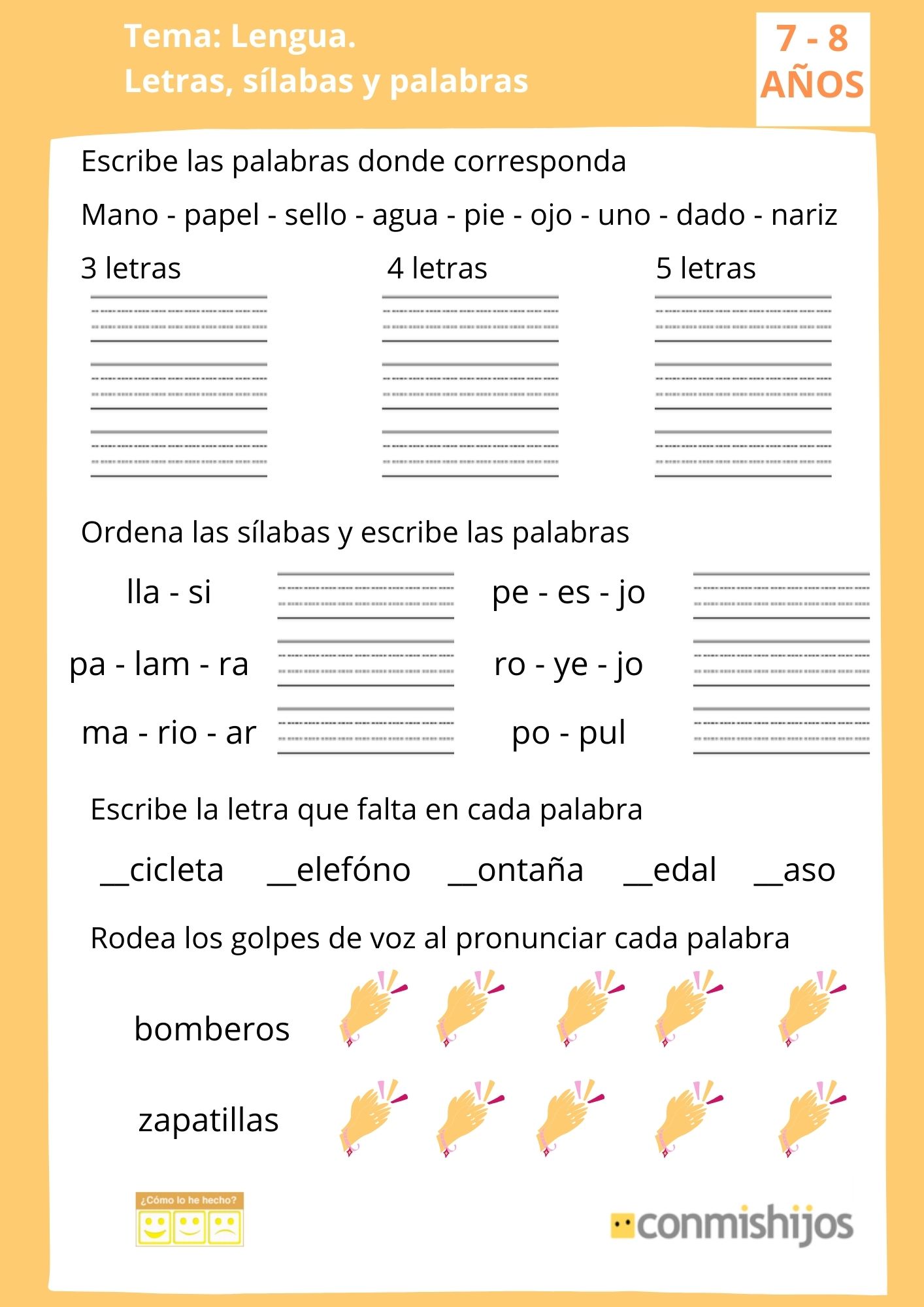 Letras, sílabas y palabras. Ficha de lectoescritura para 2º de Primaria