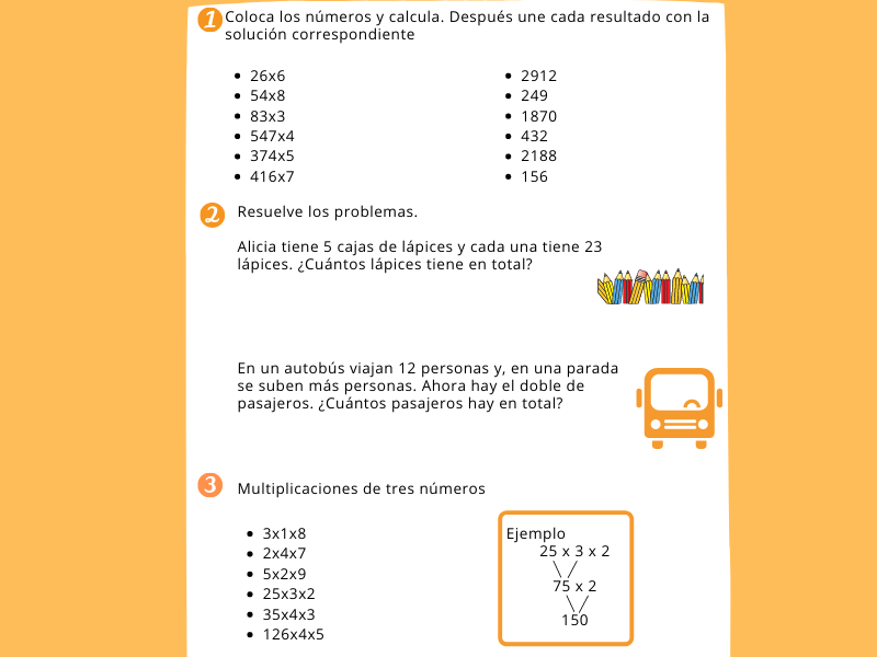 Ficha de Multiplicacion con llevadas para 3º de Primaria