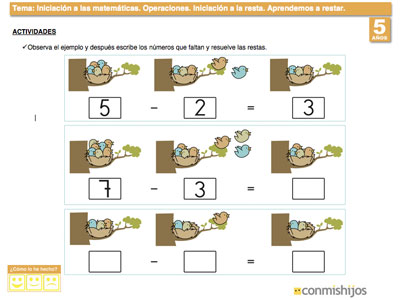 Ejercicio de matemáticas para aprender a restar