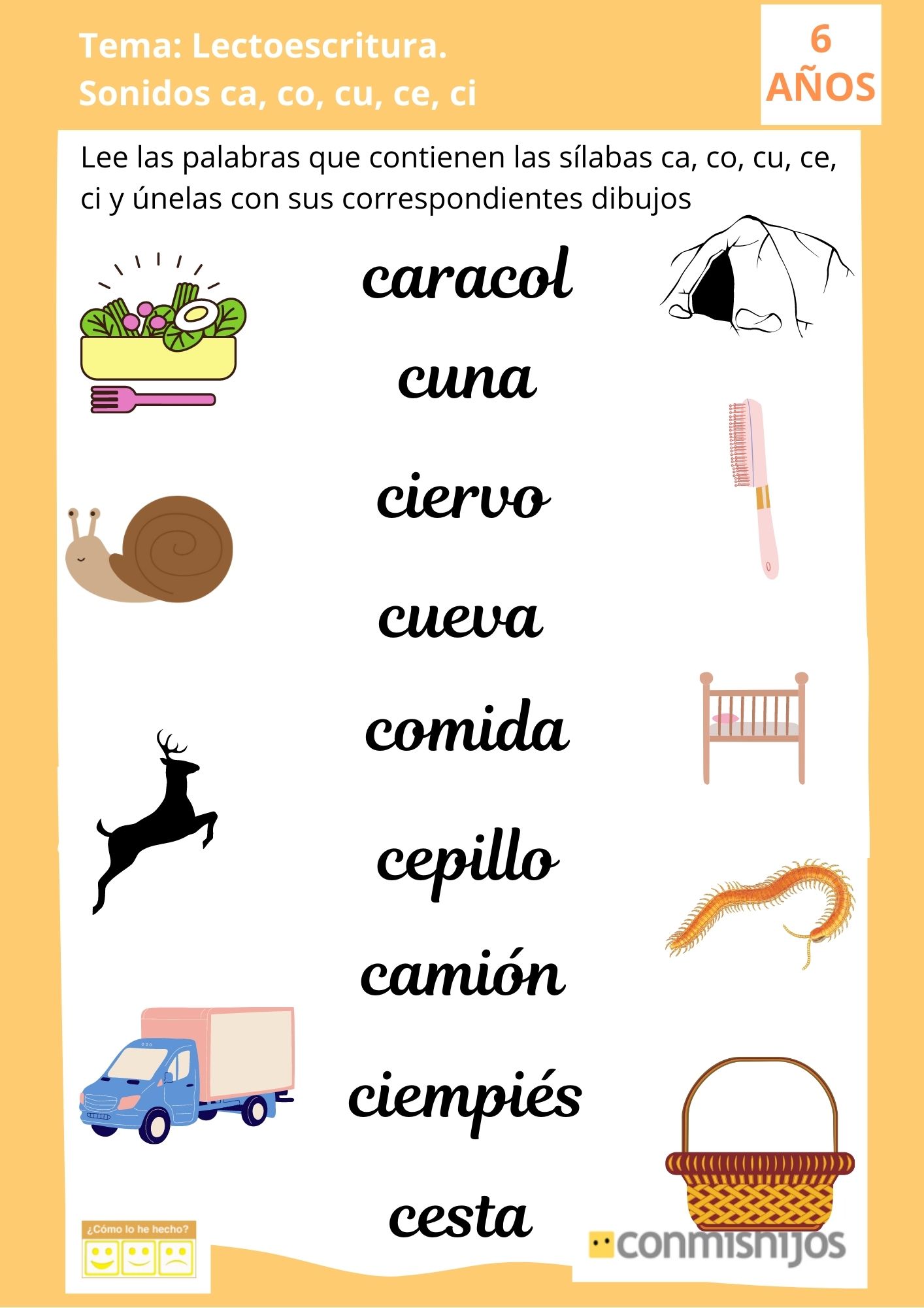 Ficha de lectoescritura para niños: Sonidos ca, co, cu, ce, ci
