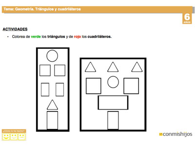 Triángulos y cuadriláteros. Ficha de geometría para niños