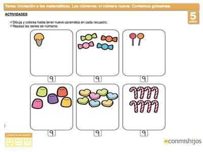 Ejercicio de matemáticas para niños. Número nueve