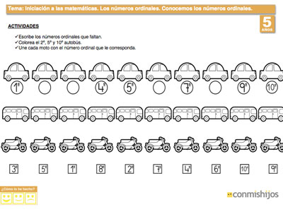Fichas de matemáticas para aprender los números ordinales