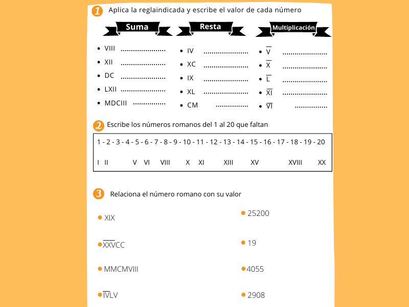 Números romanos, ficha de matemáticas