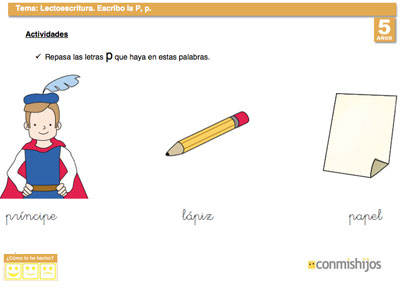 Ejercicio de escritura para niños. Aprender la letra P