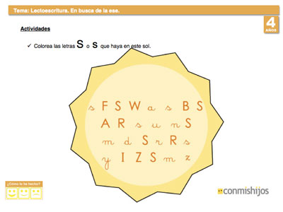 Ejercicio de lectoescritura para que los niños aprendan la letra S