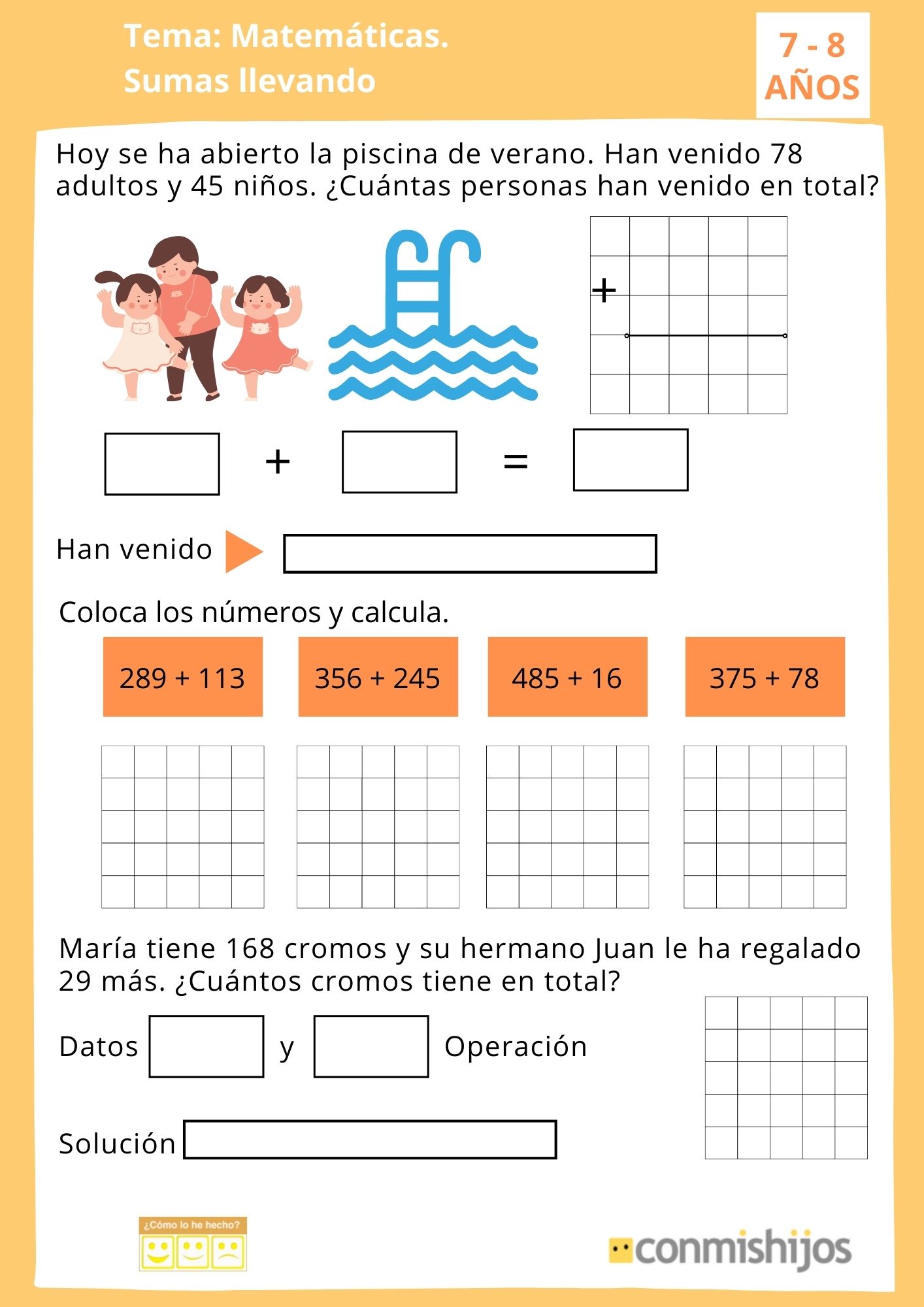 Sumas con llevadas. Ejercicio de 2º de Primaria