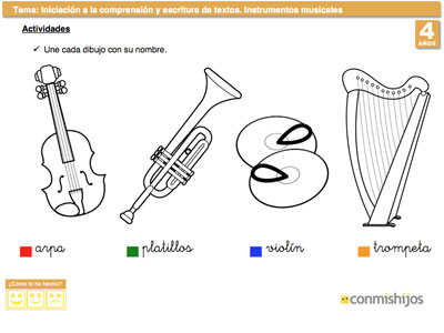 Ejercicio escolar para ampliar vocabulario sobre la música